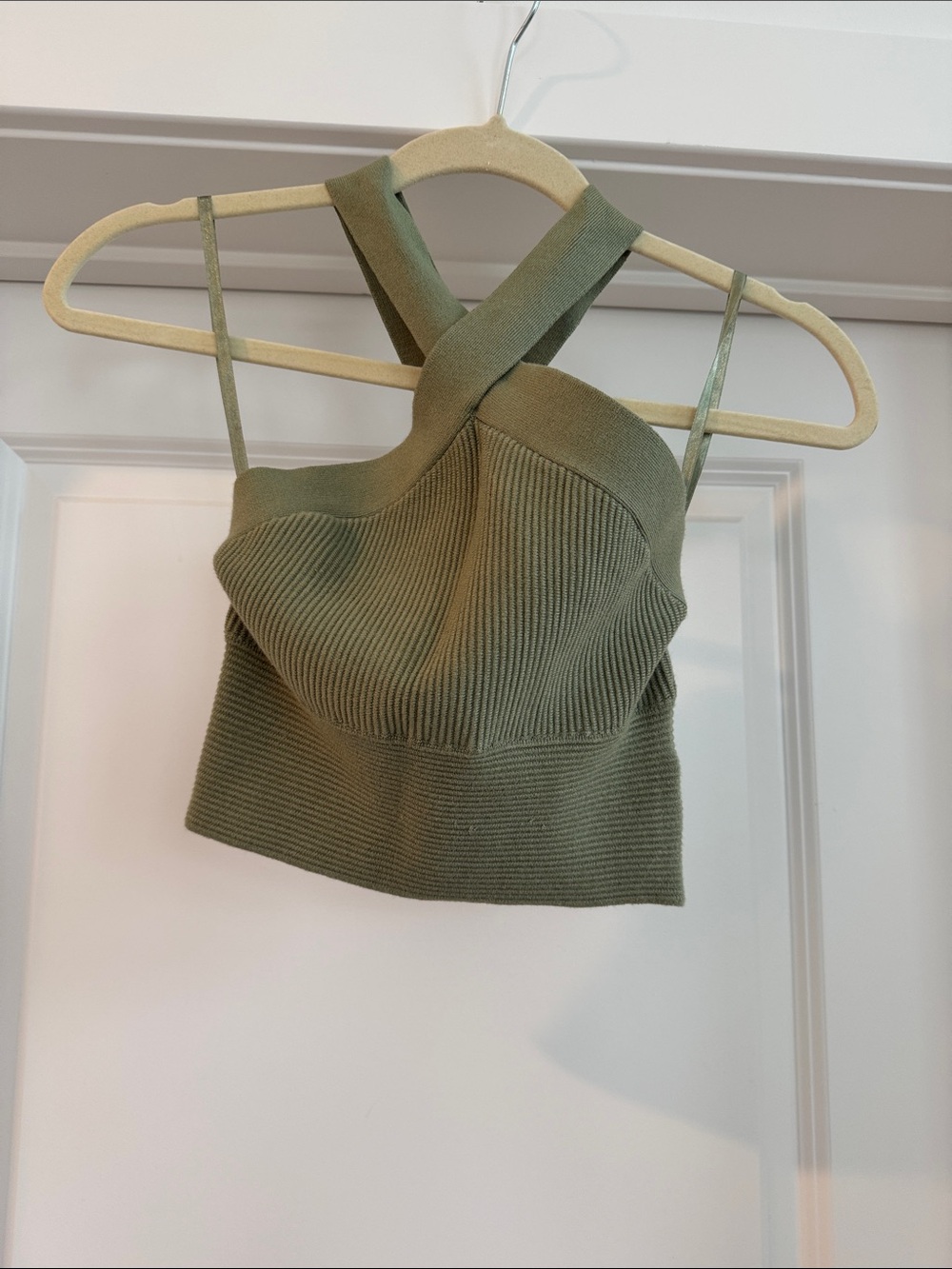 Abercrombie and Fitch Women's Olive Green Ribbed Crossback Crop Top